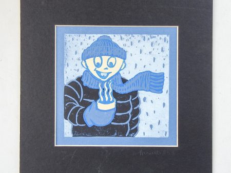 Winter Figure & Hot Chocolate Serigraph In Blue & Black For Sale