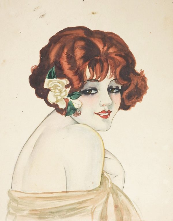 1920 s Flapper Girl & White Rose Watercolor Painting For Discount