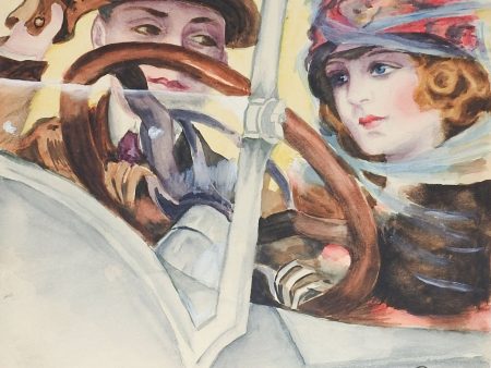 1920 s Watercolor Painting Couple Driving Car For Sale