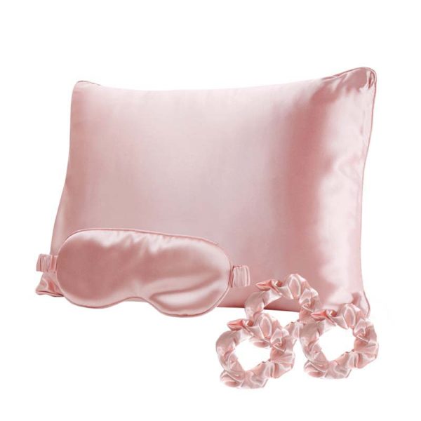 Pagalvės užvalkalas, akių kaukė - miego akiniai, gumytės plaukams Be Osom Silky Satin Pink OSOM07H1, premium satino +dovana Previa plaukų priemonė Supply